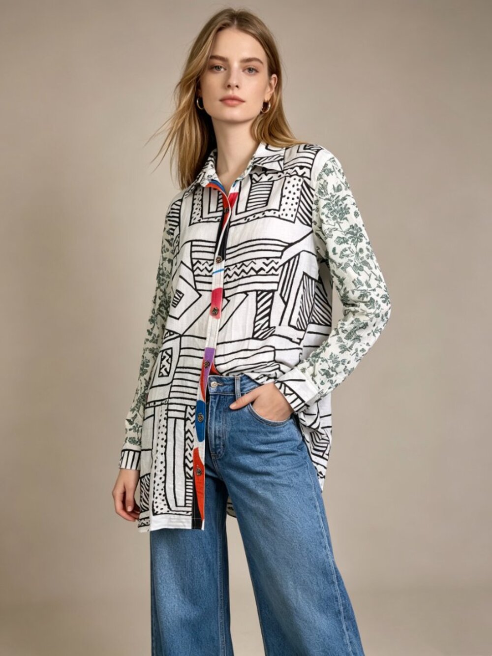 NWOT John Mark Floral Long Sleeve Multicolor Shirt Tunic Blouse Top Size M